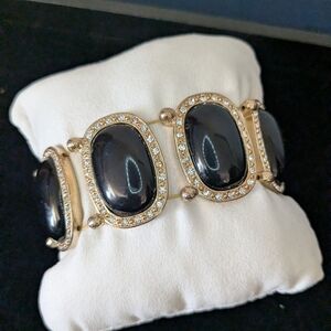 Black & Gold Tone Art Deco Style Stretch Link Bracelet